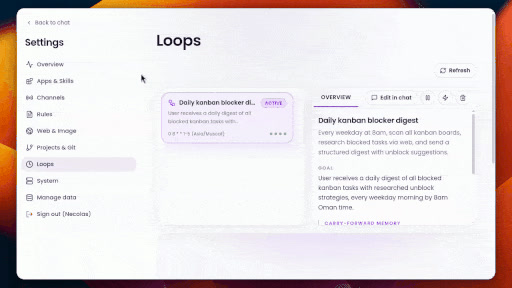 Eva Loops page showing a scheduled daily kanban blocker digest